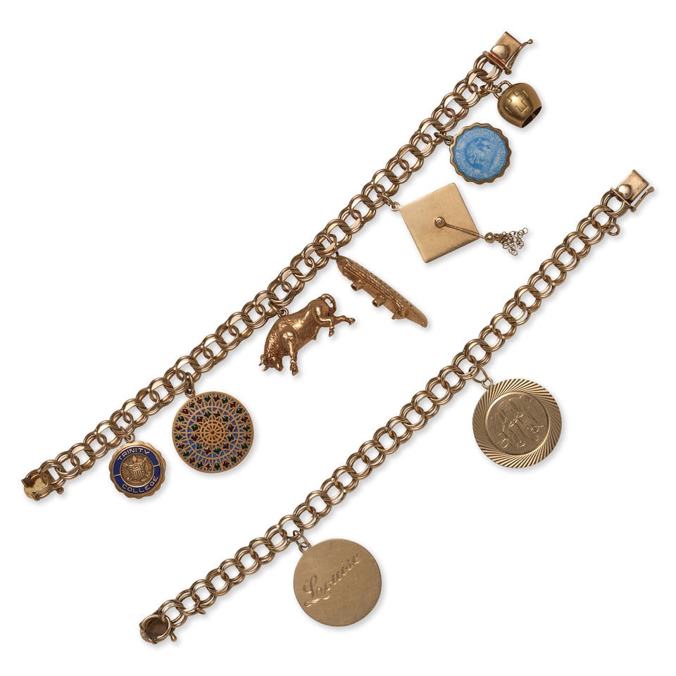 TWO GOLD CHARM BRACELETS: TWO GOLD CHARM BRACELETS One suspending mostly 14k and 18k gold charms, including a bull, and the other suspending two 14k gold charms, weight 42.4 dwt, length 7 1/4 in. For further information on t