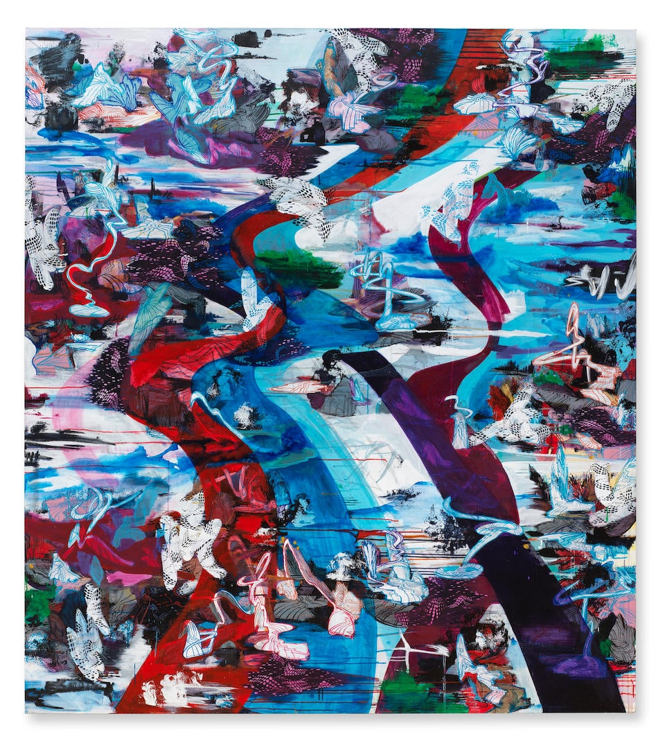 SULING WANG (B. 1963) Nose-Flute 2 (Painted in 2005): SULING WANG (B. 1963) Nose-Flute 2 signed, dated twice and numbered 'Suling Wang 2005 P06 2005' and signed in Chinese (on the overlap) oil and acrylic on canvas 233.5 x 207cm (91 15/16 x 81 1/2in). Pa