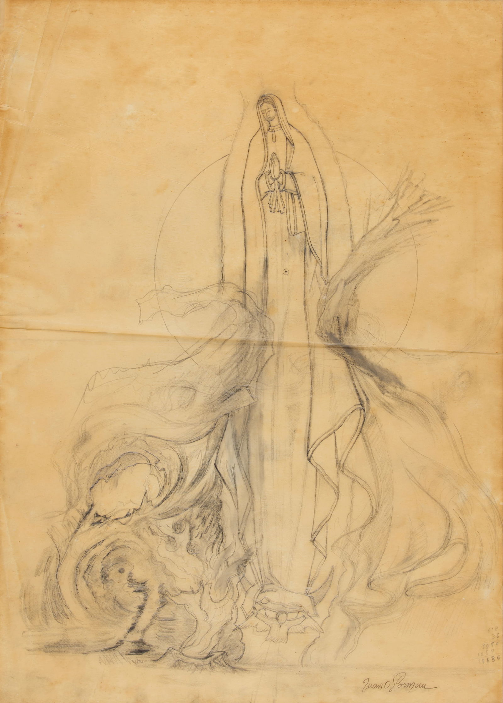JUAN O'GORMAN (1905-1982) Study for Virgen de Guadalupepencil on tracing paper, signed 'Juan O'G...: JUAN O'GORMAN (1905-1982) Study for Virgen de Guadalupe pencil on tracing paper, signed 'Juan O'Gorman' lower right 23 3/4 x 17in (60.3 x 43.2cm) Footnotes: Provenance Collection of the artist Jes