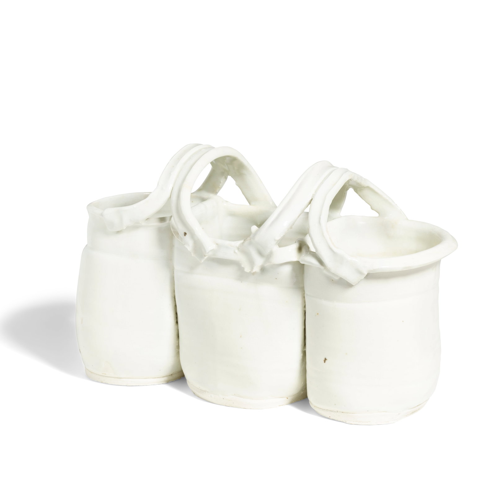 BETTY WOODMAN (1930-2018) White Triple Vessel with Two Handles1970sglazed earthenware, stamped '... (1 of 2)