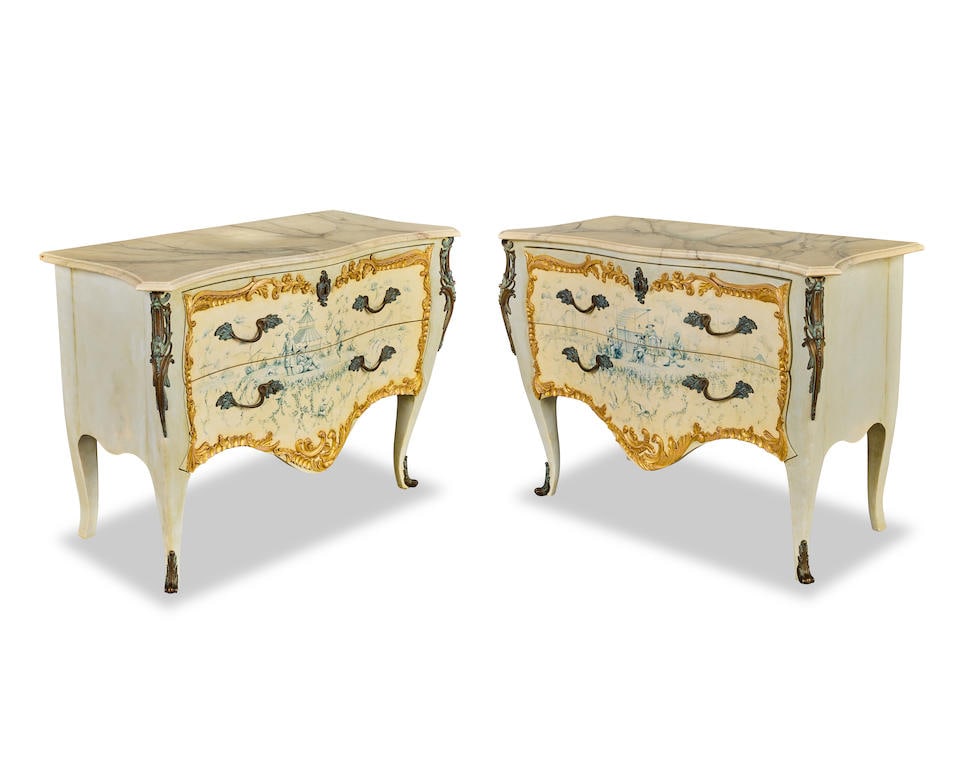 A pair of painted, parcel-gilt and Chinoiserie decorated commodesIn the Louis XV style, of recen...: A pair of painted, parcel-gilt and Chinoiserie decorated commodes In the Louis XV style, of recent manufacture and painted by Paul Czainski The simulated marble tops above a pair of drawers, 113cm wid