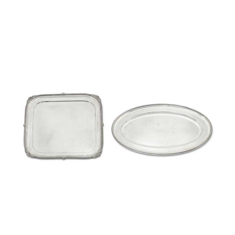 Two large silver plated serving trays Mappin & Webb (2): Two large silver plated serving trays Mappin & Webb One of oval form with beaded rim, length 46.5cm, the other of shaped square form with shell and gadrooned rim, length 36cm. (2) For further informa