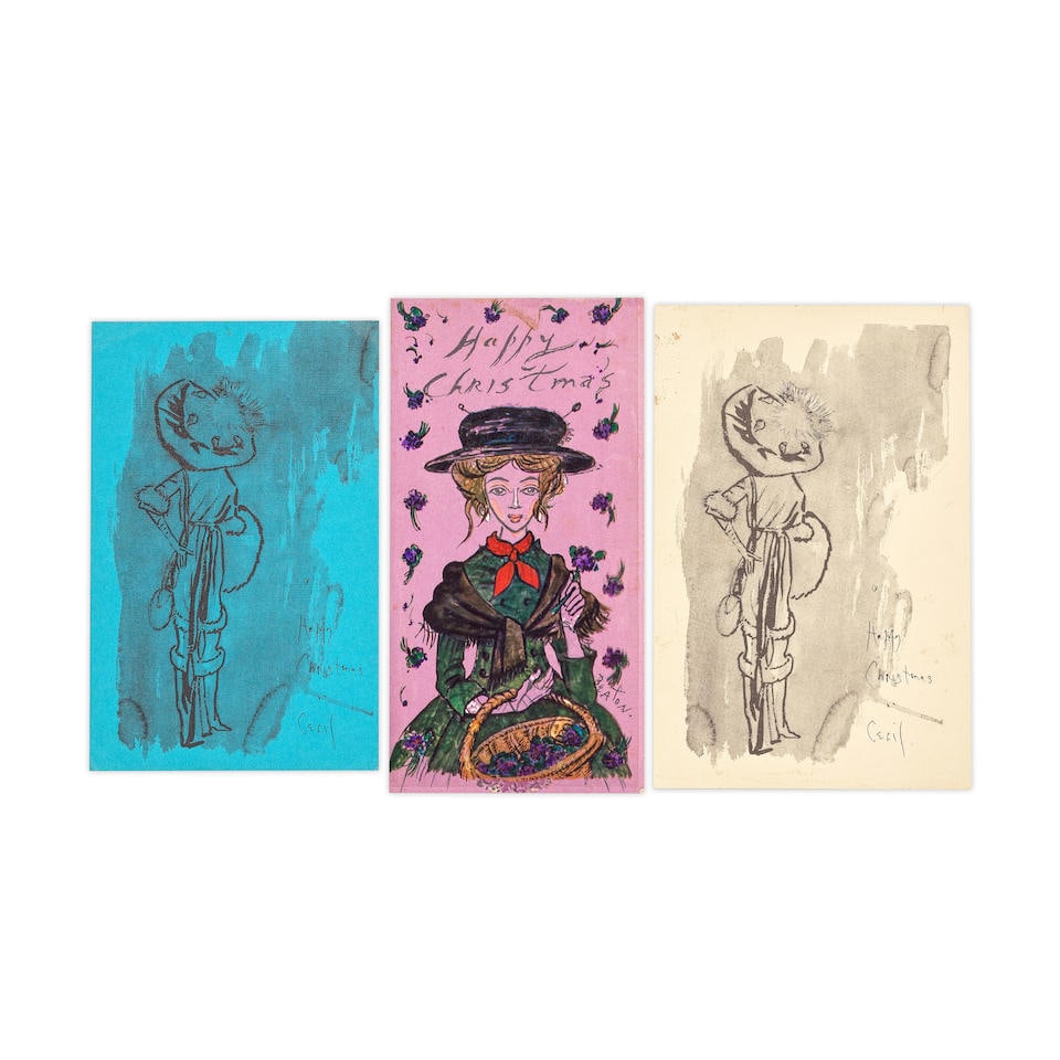 Cecil Beaton (British, 1904-1980) A Christmas Card designed by Cecil Beaton The front with a dra...: Cecil Beaton (British, 1904-1980) A Christmas Card designed by Cecil Beaton The front with a drawing of Eliza Doolittle from My Fair Lady inscribed 'For Frankie & Geoff / with Best Wishes for 1966 / C