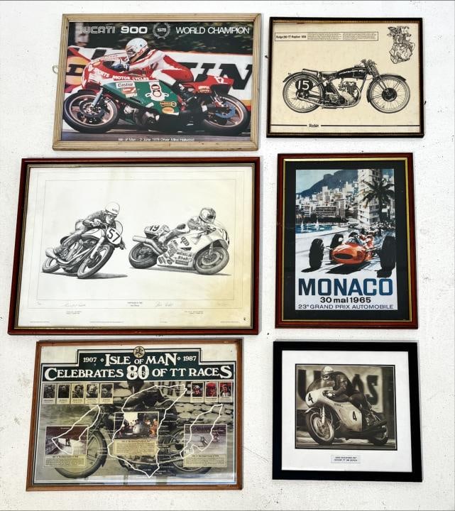 The Mike Jackson Collection A selection of racing related images ((Qty)): The Mike Jackson Collection A selection of racing related images all MFG, including a Rod Organ limited edition print, number 8/850, signed by R. Organ, Geoff Duke (on the Manx Norton) and Steve Hisl