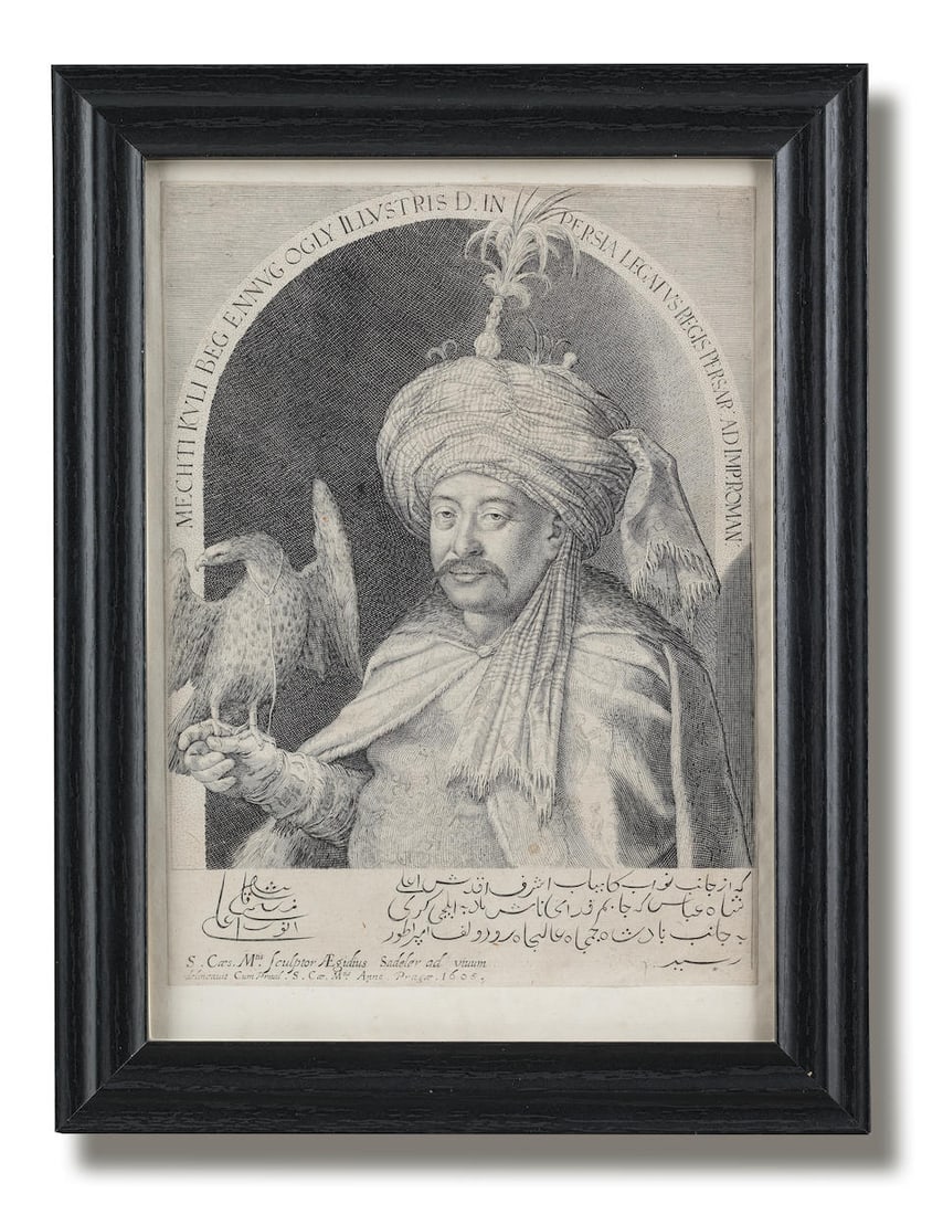 Mechti Kuli Beg, ambassador of Shah 'Abbas I to the Court of Rudolf II, engraved by Aegidius Sad...: Mechti Kuli Beg, ambassador of Shah 'Abbas I to the Court of Rudolf II, engraved by Aegidius Sadeler II (d. 1629) after Esaye le Gillon (fl. 1604-05) Prague, 1605 copperplate engraving on paper, trimm
