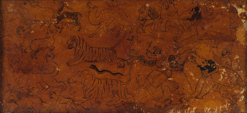A fantastic hunting scene, with elephants and mahouts, riders on horses and camels, monkeys, boa... (1 of 1)