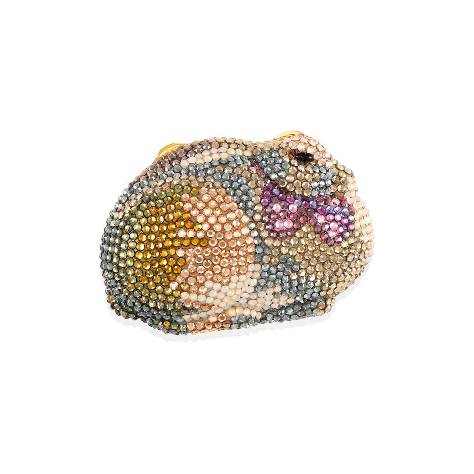 JUDITH LEIBER: GOLD TONE AND CRYSTAL RABBIT PILL BOX: JUDITH LEIBER: GOLD TONE AND CRYSTAL RABBIT PILL BOX • Gold tone • Numerous round crystals • Signed Judith Leiber • Pouch included • Measures 2 ¼ x 1 ½ in. R