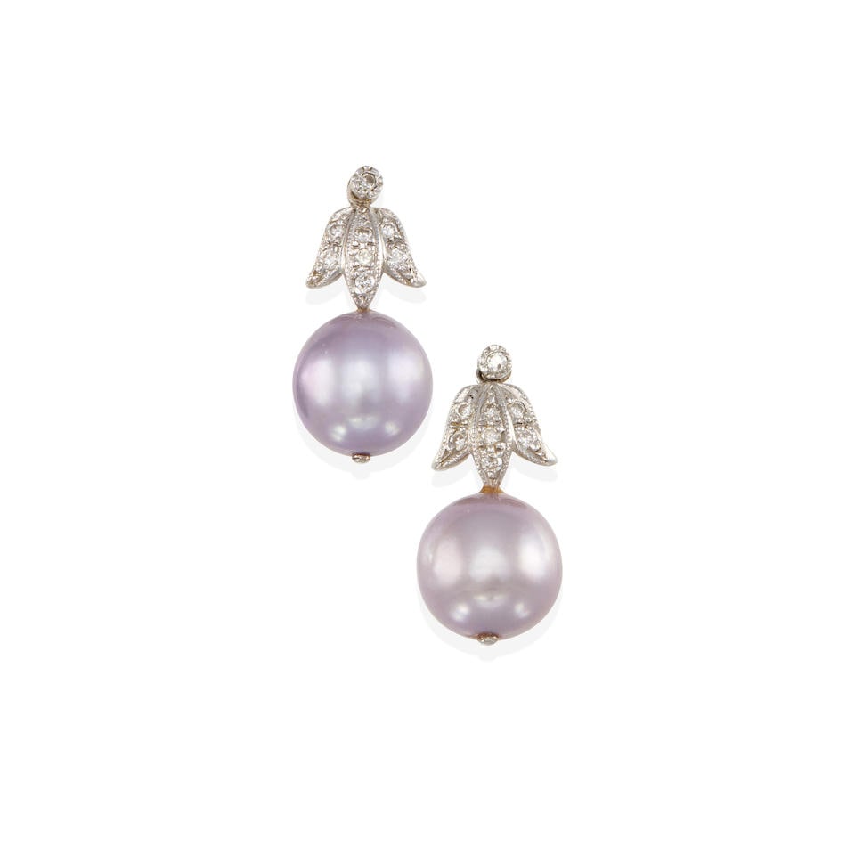 18K GOLD, DIAMOND, AND CULTURED PEARL EARRINGS WITH JACKETS: 18K GOLD, DIAMOND, AND CULTURED PEARL EARRINGS WITH JACKETS • 18k white gold • 16 round diamonds • 2 spherical drilled freshwater cultured pearls • Length: ¾ in. • E