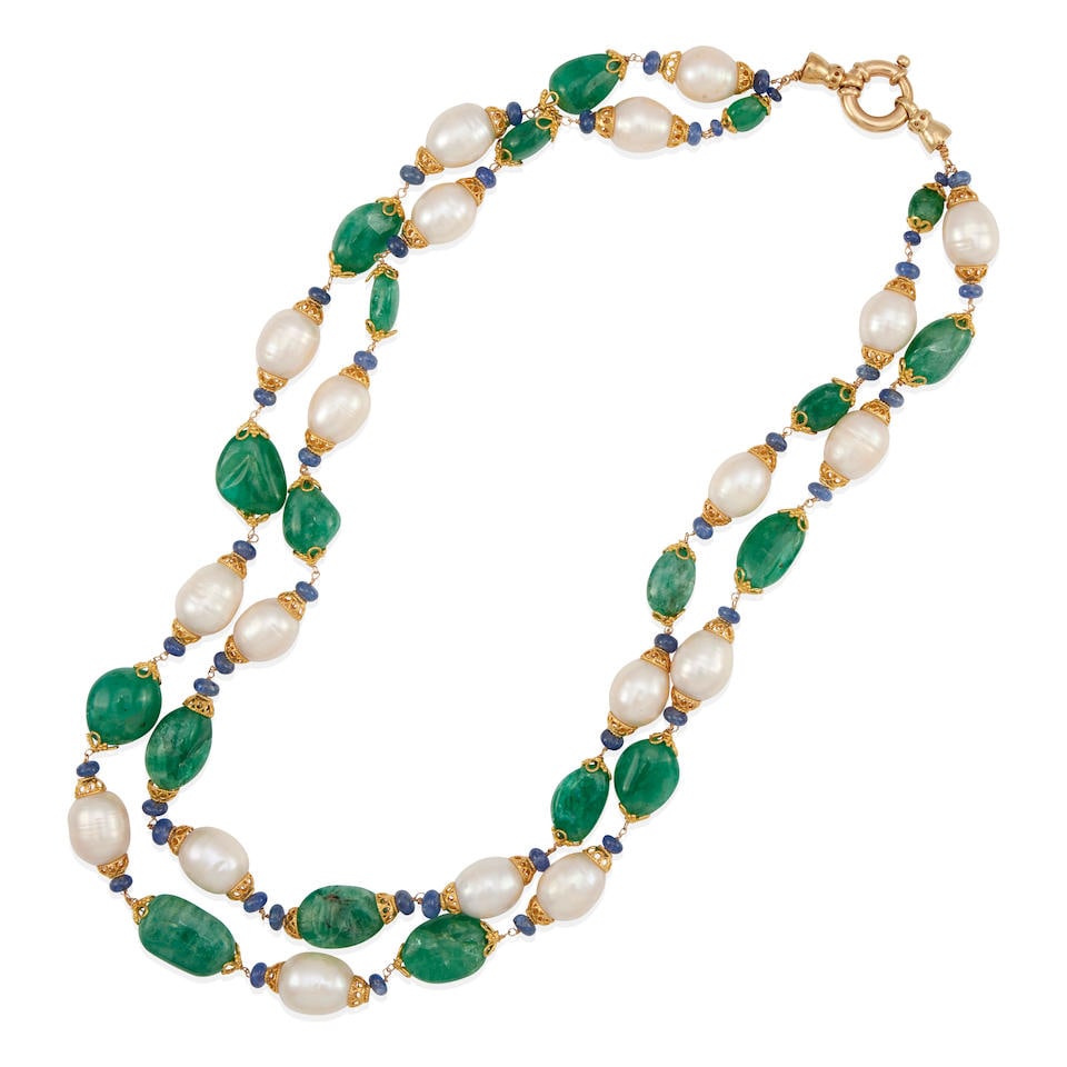 A GOLD, EMERALD, TANZANITE AND CULTURED PEARL TWO STRAND NECKLACE (1 of 2)