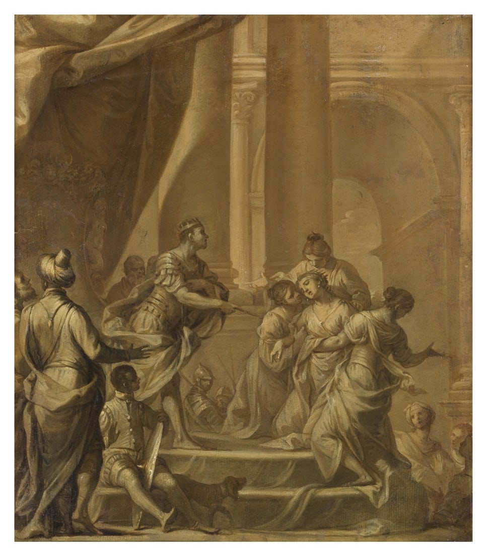 Entourage de Donato Creti (Crémone 1671-1749 Bologne) Esther et Assuérus: Entourage de Donato Creti (Crémone 1671-1749 Bologne) Esther et Assuérus huile sur papier marouflé sur toile, grisaille oil on paper laid down on canvas, en grisaille 38.2 x 33.3cm (15