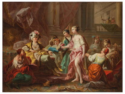 Entourage de Charles-André, dit Carle van Loo (Nice 1705-1765 Paris) Le grand seigneur au m...: Entourage de Charles-André, dit Carle van Loo (Nice 1705-1765 Paris) Le grand seigneur au milieu de son harem, faisant parer une jeune femme d'atours précieux huile sur toile oil on canvas 1