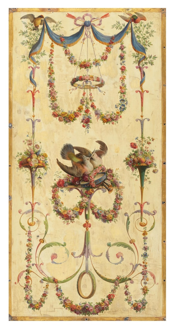 Manière de Jean-Baptiste Oudry, début XIXe siècle Colombes dans un entourage de f...: Manière de Jean-Baptiste Oudry, début XIXe siècle Colombes dans un entourage de fleurs huile sur métal oil on white metal 104.7 x 58.1cm (41 1/4 x 22 7/8in). sans cadre unf