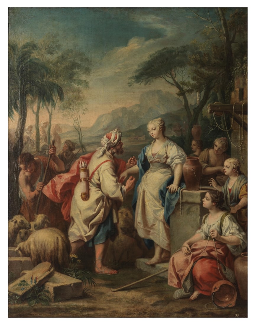 Attribué à Jacopo Amigoni (Venise 1682-1752 Madrid) Rébecca et Eliézer au puits: Attribué à Jacopo Amigoni (Venise 1682-1752 Madrid) Rébecca et Eliézer au puits numéro d'inventaire de collection '79' (en bas à droite) huile sur toile d'origine bears i