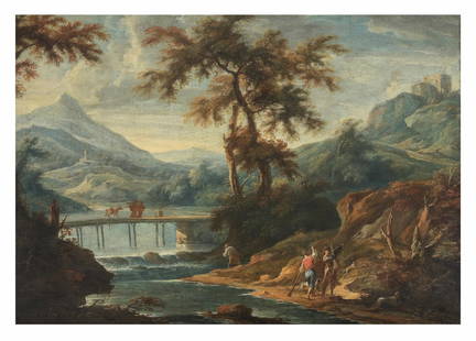 Entourage de Marco Ricci (Belluno 1676-1729 Venice) Paysage au bord de l'eau, animé de figures: Entourage de Marco Ricci (Belluno 1676-1729 Venice) Paysage au bord de l'eau, animé de figures huile sur toile oil on canvas 86.4 x 124.2cm (34 x 48 7/8in). Footnotes: Provenanc