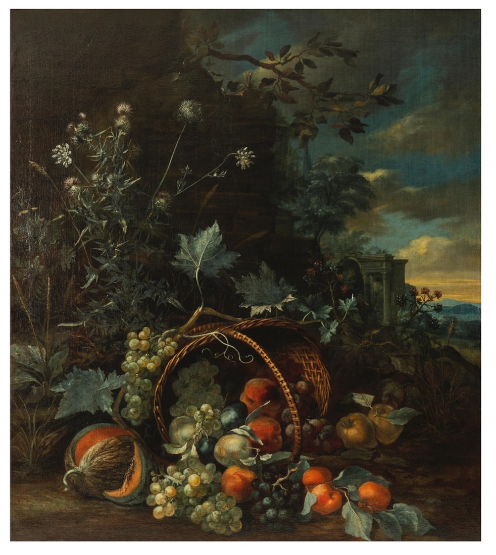 Suiveur de Matthias Withoos (Amersfoot 1627-1703 Hoorn) Nature morte aux fleurs et fruits pos...: Suiveur de Matthias Withoos (Amersfoot 1627-1703 Hoorn) Nature morte aux fleurs et fruits posées au sol, un paysage au lointain huile sur toile oil on canvas 98.5 x 87.2cm (38 3/4 x 34 5/16in).
