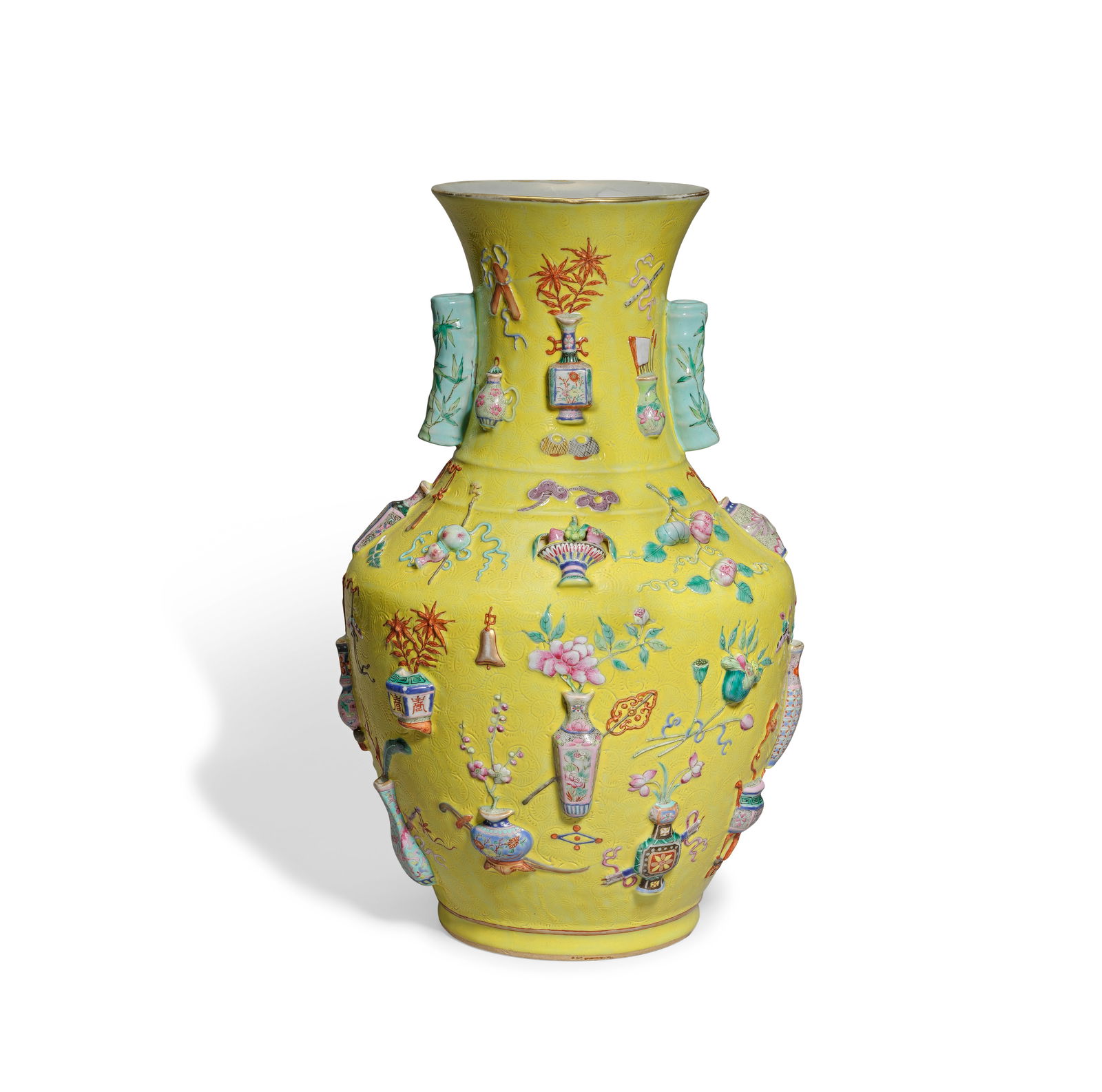 A FAMILLE ROSE YELLOW GROUND 'ANTIQUE TREASURES' VASE Late Qing dynasty (1 of 1)