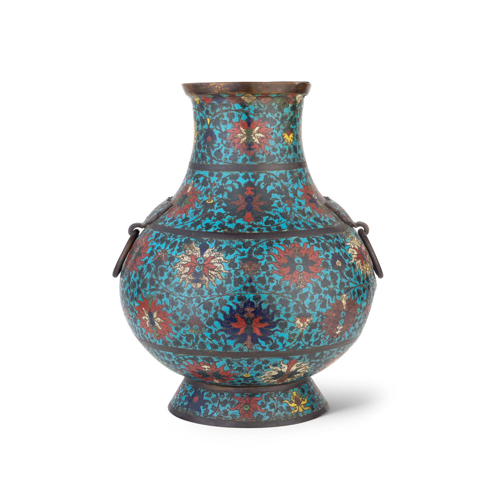 A LARGE CLOISONNÉ ENAMEL VASE, HU Ming dynasty: A LARGE CLOISONNÉ ENAMEL VASE, HU Ming dynasty Of pear shape, supported on a spreading foot, rising to a waisted neck, the shoulders applied with a pair of archaistic taotie handles suspending lo