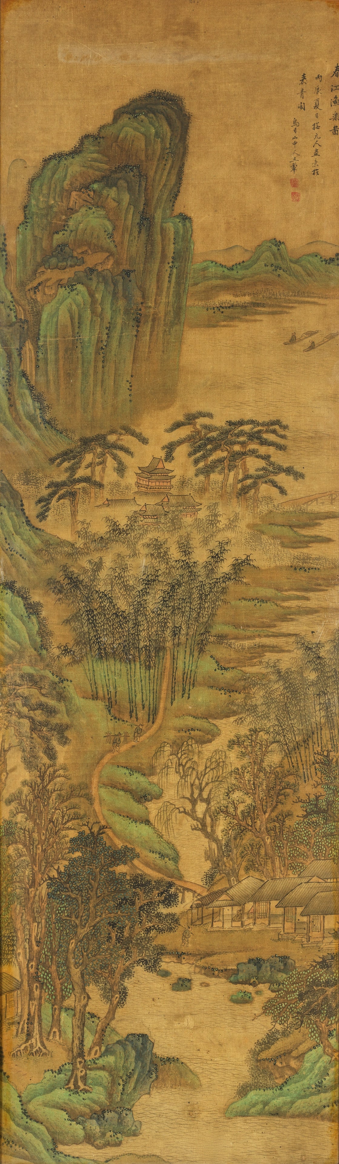 FOLLOWER OF WANG HUI (1632-1717) Landscape: FOLLOWER OF WANG HUI (1632-1717) Landscape Ink and colour on silk, framed and glazed. 137cm (53 7/8in) high x 40cm (15 3/4in) wide Footnotes: 王翬（傳） 山水