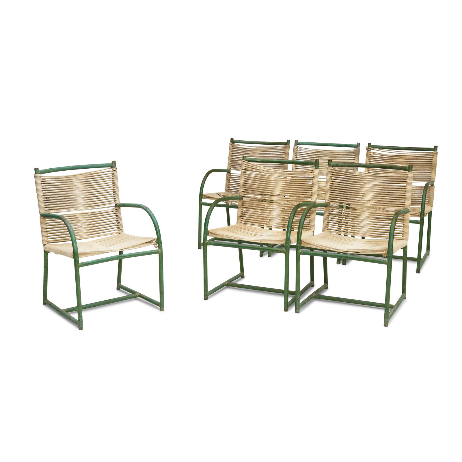 WALTER LAMB Early Set of Six Armchairs1946bronze tubing, ropeheight 33 1/2in (85cm); width 21in ... (1 of 3)