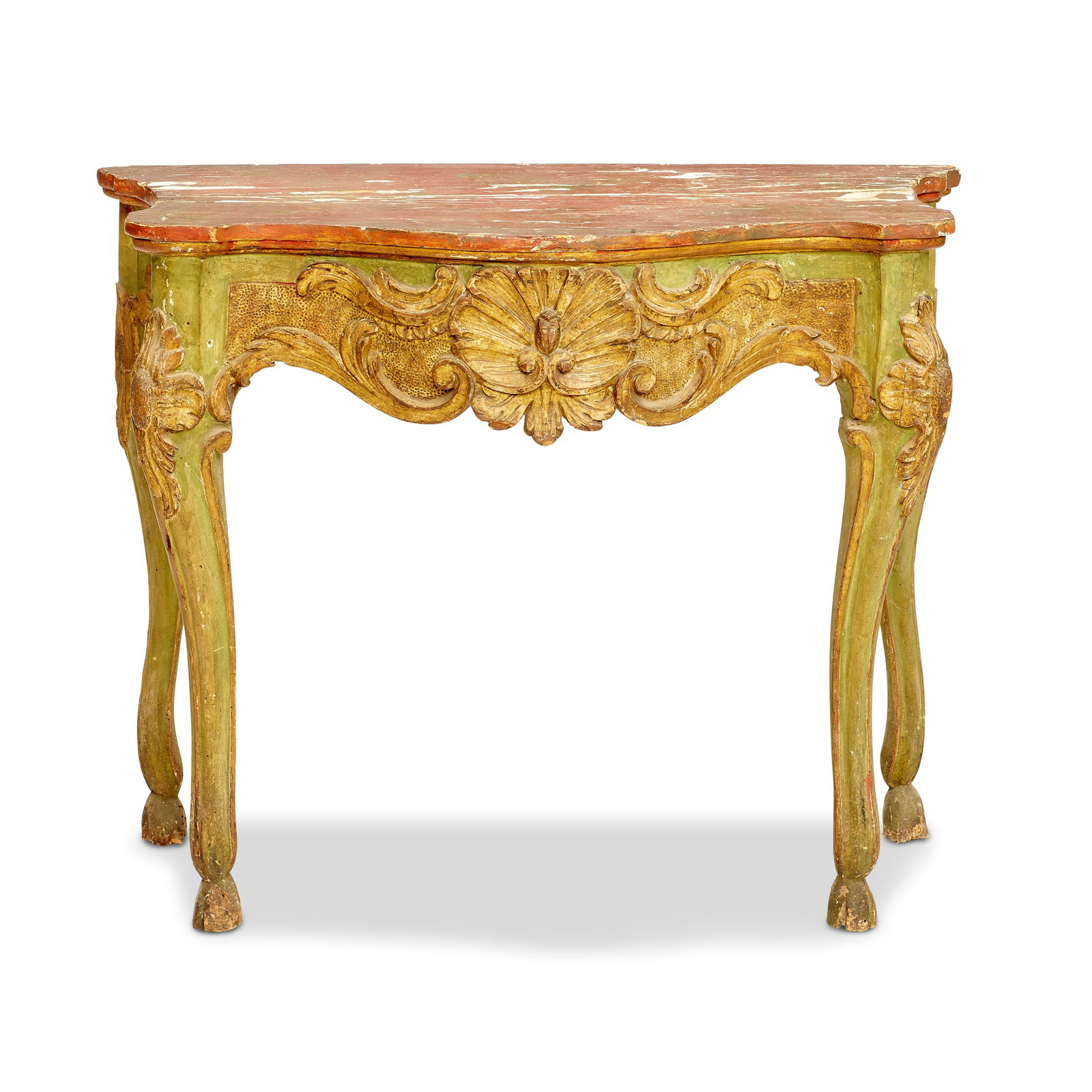 AN ITALIAN ROCOCO STYLE PARCEL GILT POLYCHROME CARVED CONSOLE TABLE (1 of 2)