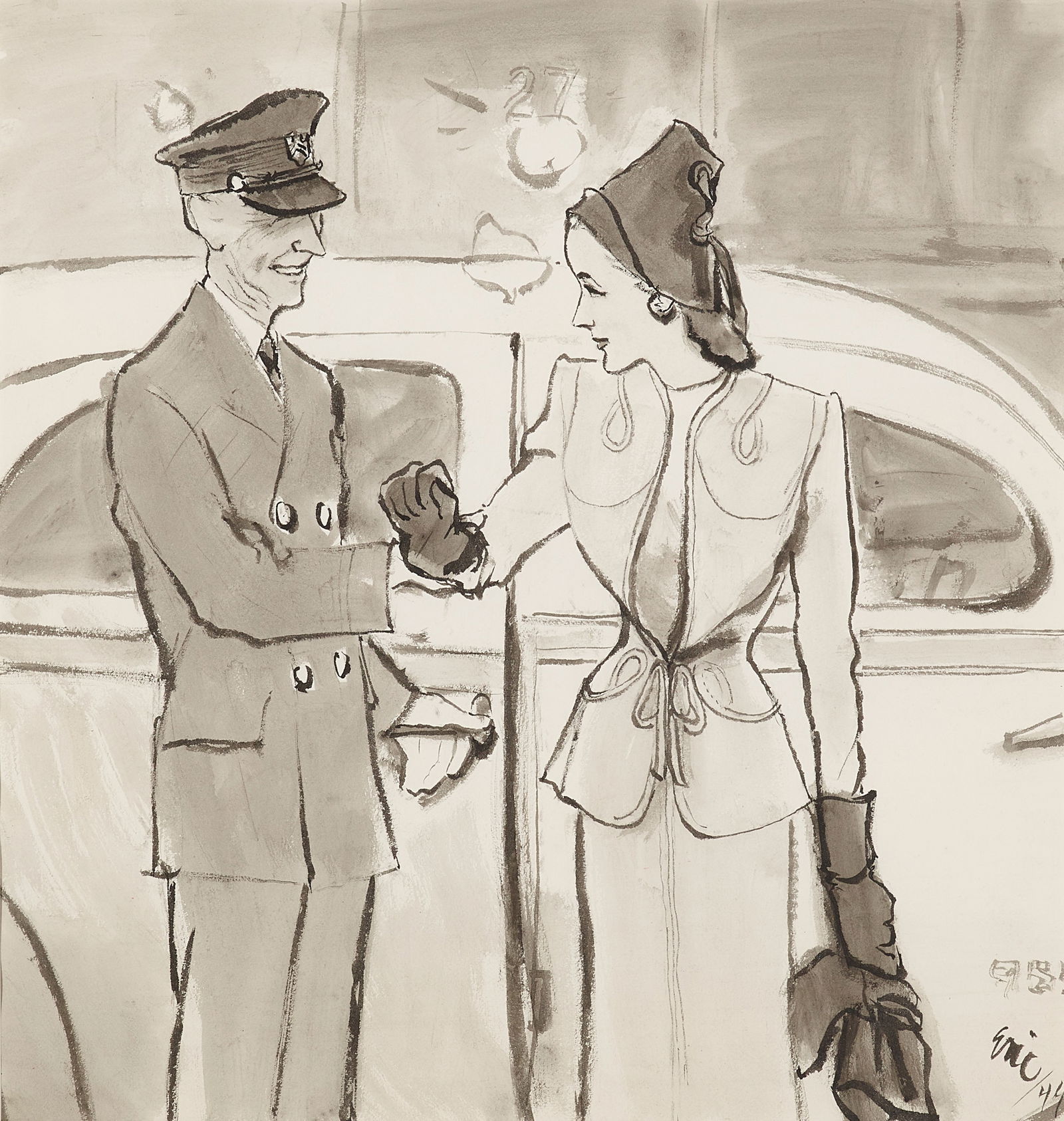 Eric (Carl Oscar August Erickson) (1891-1958) Advertisement for Marshall Field & Co. Featuring a...: Eric (Carl Oscar August Erickson) (1891-1958) Advertisement for Marshall Field & Co. Featuring an Adrian Suit signed and dated 'Eric / 44' (lower right) ink and wash on paper approximately 20 x 18 in.