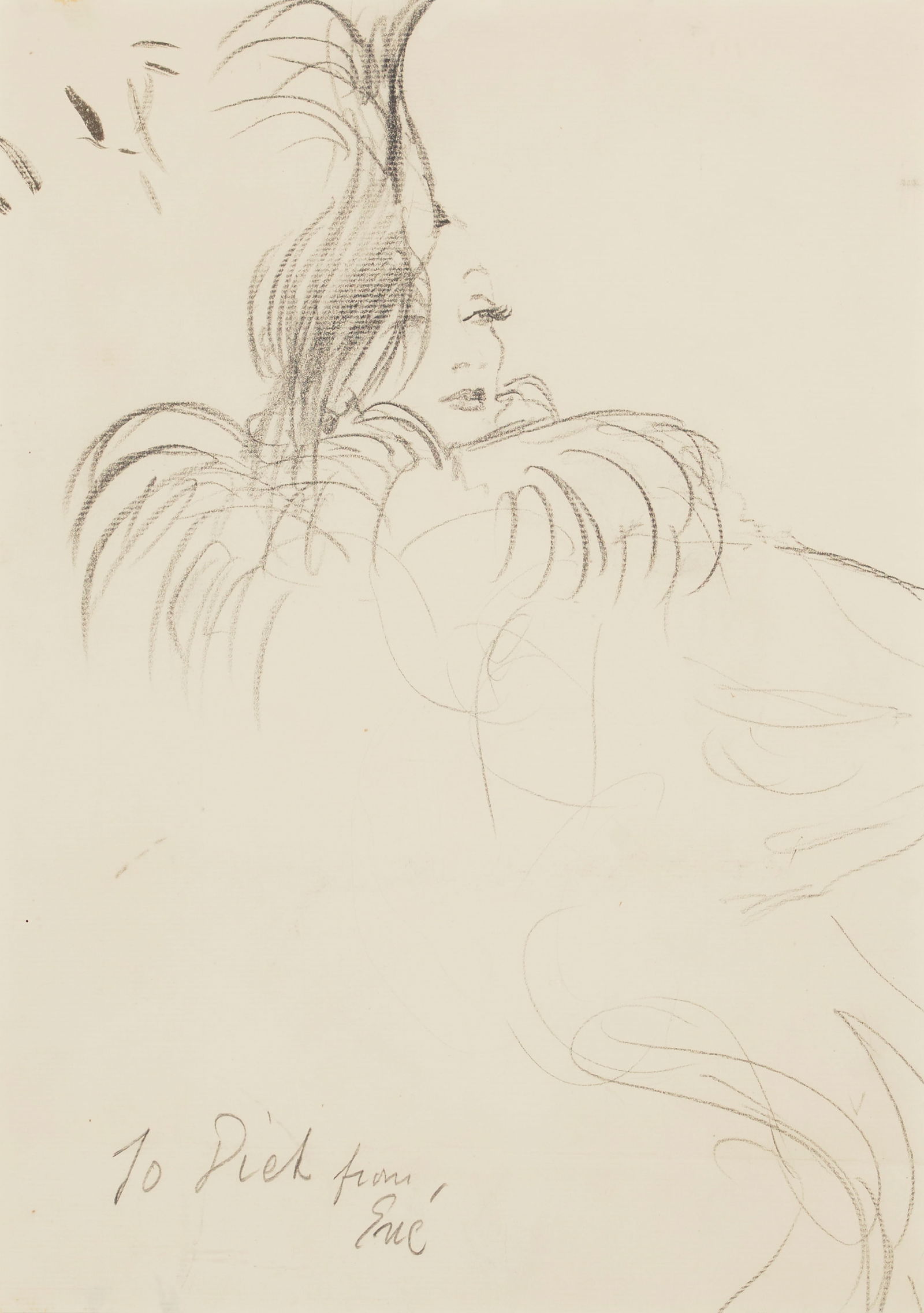 Eric (Carl Oscar August Erickson) (1891-1958) Portrait of Marlene Dietrich wearing a Monkey Shaw...: Eric (Carl Oscar August Erickson) (1891-1958) Portrait of Marlene Dietrich wearing a Monkey Shawl and Hat by Caroline Reboux, 1936 signed and dedicated 'To Diet from Eric' (lower right) pencil on pape