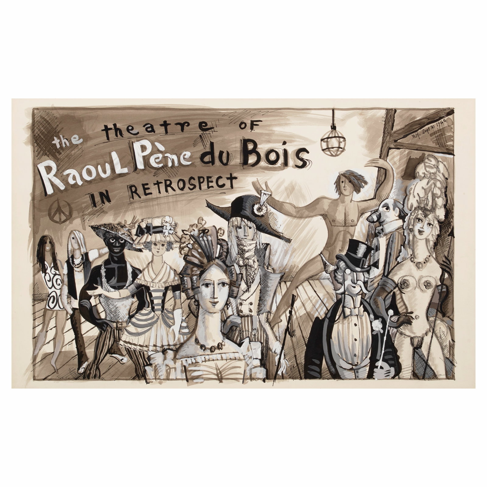 Raoul Pène Du Bois (1914-1985) The Theatre of Raoul Pene Du Bois In Retrospect 18 x 28 in. ...: Raoul Pène Du Bois (1914-1985) The Theatre of Raoul Pene Du Bois In Retrospect titled, inscribed and dated 'N.Y. Sept. 30 1968' (within the composition) ink, ink wash, and whiting on paper 18 x 2
