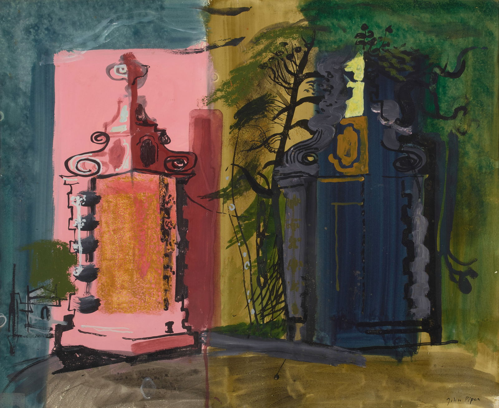 John Piper C.H. (1903-1992) Blenheim Gates 22 1/2 x 27 in. (57.2 x 68.6 cm): John Piper C.H. (1903-1992) Blenheim Gates signed 'John Piper' (lower right) gouache, watercolor and ink on paper 22 1/2 x 27 in. (57.2 x 68.6 cm) Footnotes: Provenance Leonard Stanley, Los Angeles.