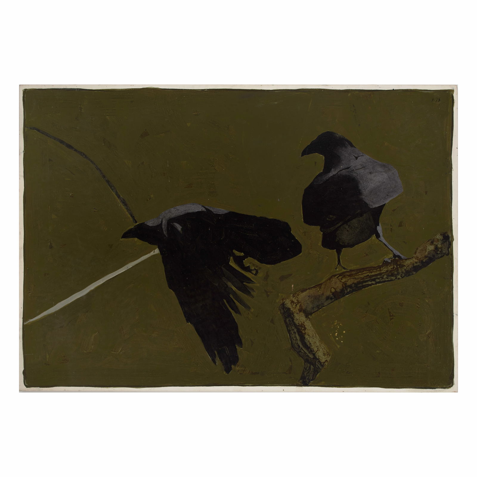 Bryan (Herbert) Wilson (1927-2002) Ravens 60 1/2 x 42 in. (153.7 x 106.7 cm): Bryan (Herbert) Wilson (1927-2002) Ravens signed and dated 'W78' (upper right), signed again, titled and dated 'Bryan Wilson / Oct 1978' (on the reverse) oil on canvas 60 1/2 x 42 in. (153.7 x 106.7 c