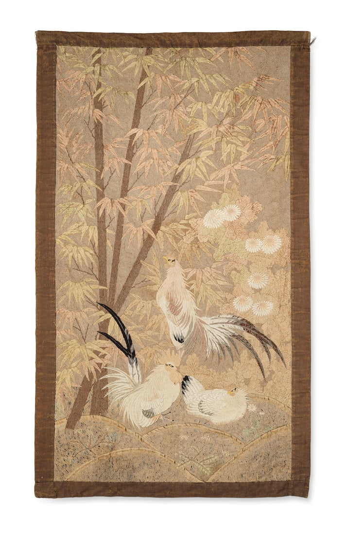 AN EMBROIDERED SILK WALL HANGING Meiji era (1868-1912), late 19th/early 20th century (1 of 2)