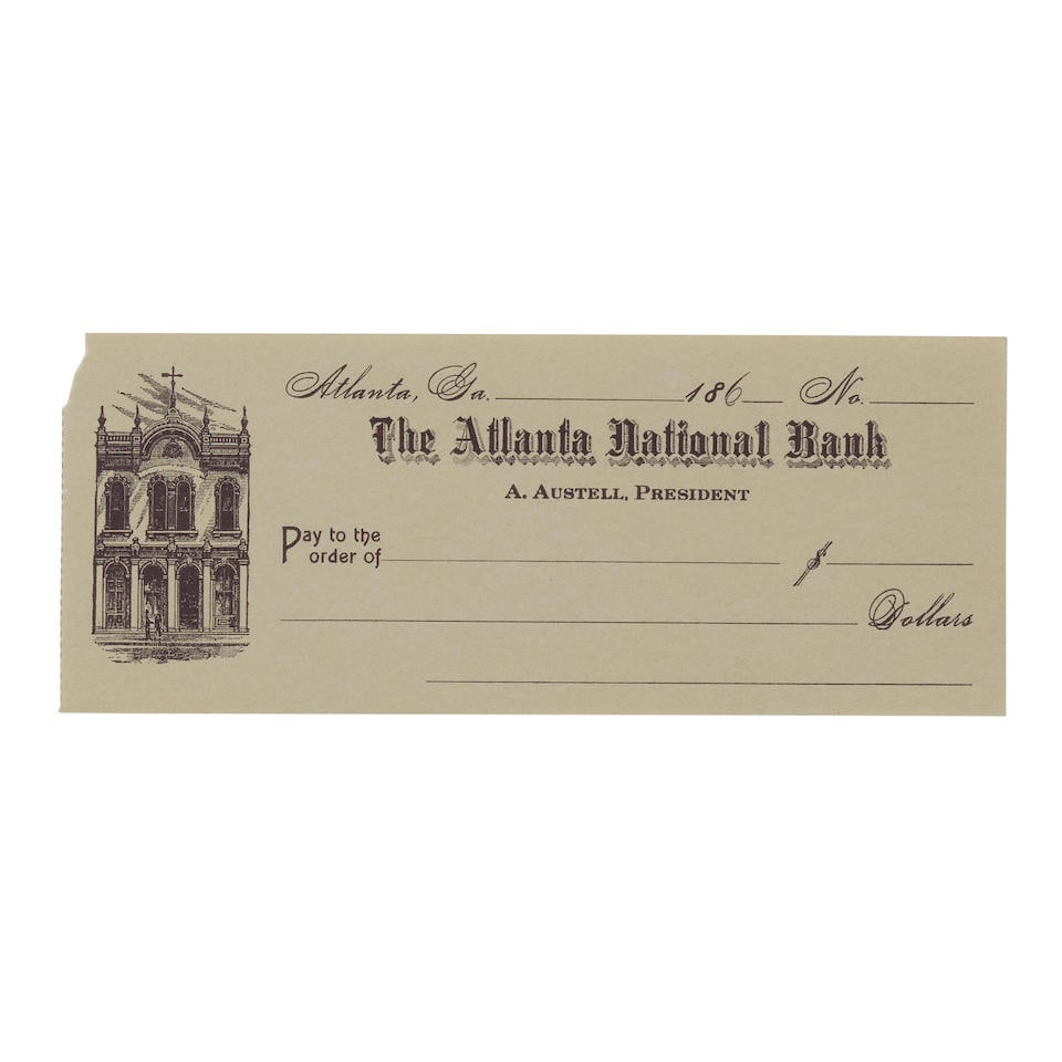 A Gone with the Wind Prop Check: A Gone with the Wind Prop Check Selznick International Pictures, 1939. Prop blank check from 'The Atlanta National Bank / A. Austell, President' with an etching of a bank and dated 1800s. The check is