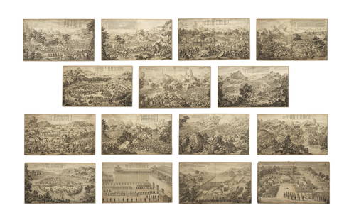 QIANLONG, EMPEROR OF CHINA (1711-1799); GIUSEPPE CASTIGLIONE (1688-1766 ET AL, ARTIST), AND CHAR...: QIANLONG, EMPEROR OF CHINA (1711-1799); GIUSEPPE CASTIGLIONE (1688-1766 ET AL, ARTIST), AND CHARLES-NICOLAS COCHIN (1715-1790, ENGRAVER) A suite of fifteen Imperially inscribed and sealed engravings c