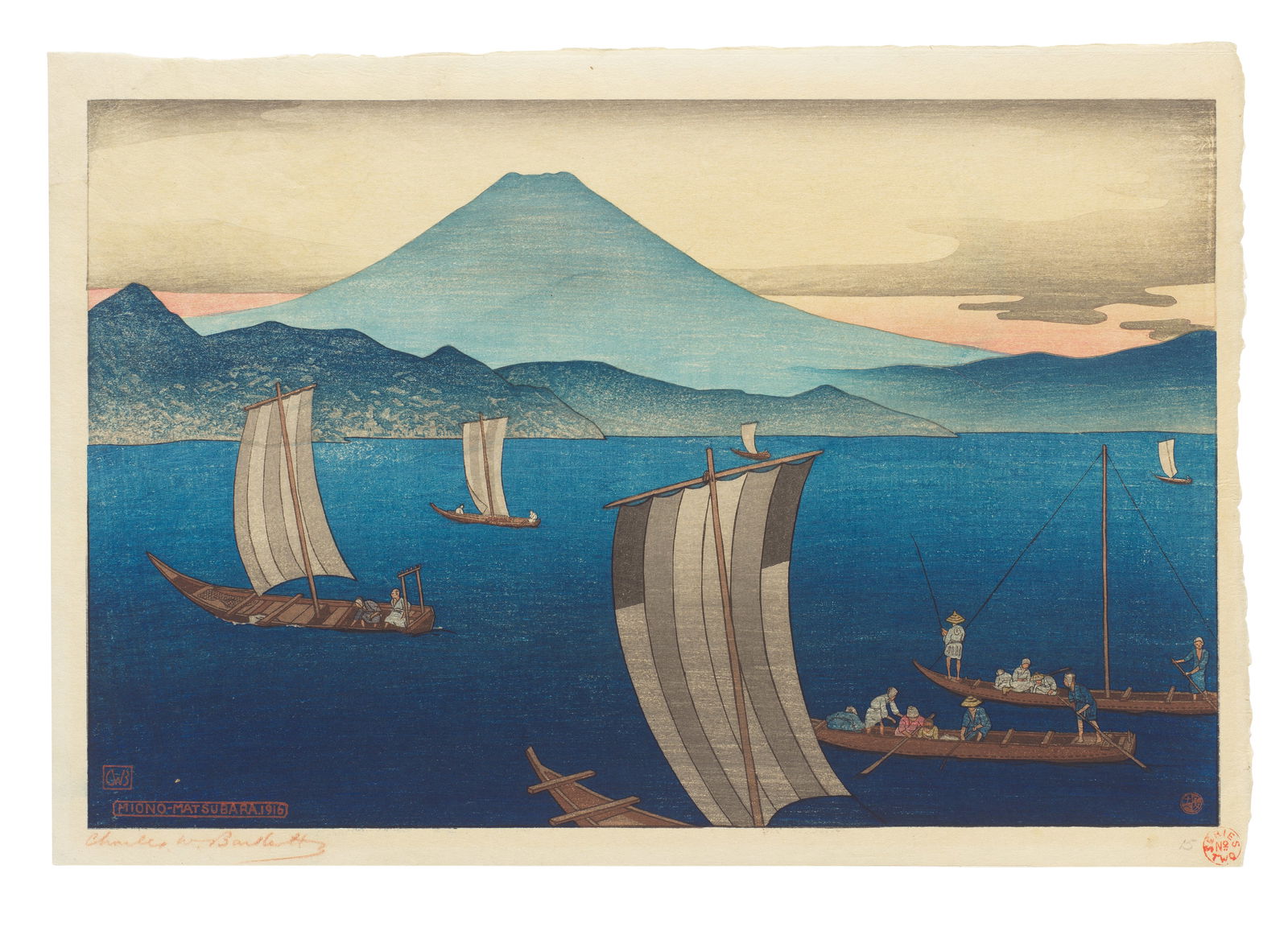 CHARLES BARTLETT (1860-1940) Taisho era (1912-1926), dated 1916: CHARLES BARTLETT (1860-1940) Taisho era (1912-1926), dated 1916 An oban yoko-e print titled in Roman script MIONO-MATSUBARA (Pine Grove at Miho), dated 1916 along the lower left, depicting fishing boa