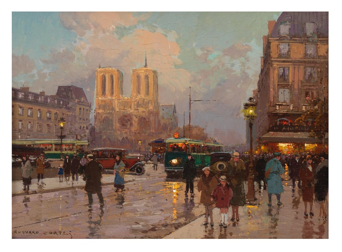 Edouard Henri Léon Cortès (French, 1882-1969) Notre-Dame de Paris, vue de la Place: Edouard Henri Léon Cortès (French, 1882-1969) Notre-Dame de Paris, vue de la Place Saint-Michel signé 'Edouard Cortes' (en bas à gauche) huile sur toile signed 'Edouard Cortes' (lo