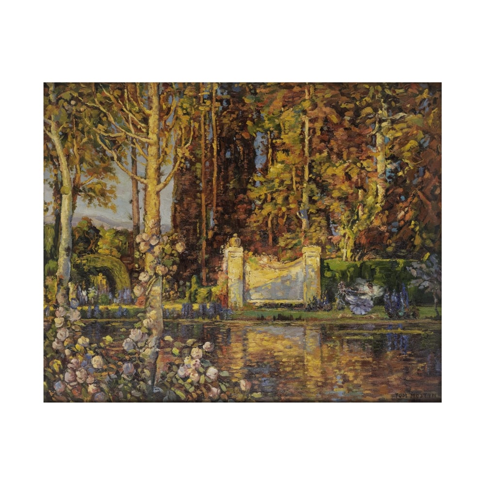 Tom Edwin Mostyn, ROI, RWA,RCA (Liverpool 1864-1930 Manchester) La danseurs dans le jardin: Tom Edwin Mostyn, ROI, RWA,RCA (Liverpool 1864-1930 Manchester) La danseurs dans le jardin signé et daté 'TOM MOSTYN/1917' (en bas à droite), signé et daté au verso huile sur