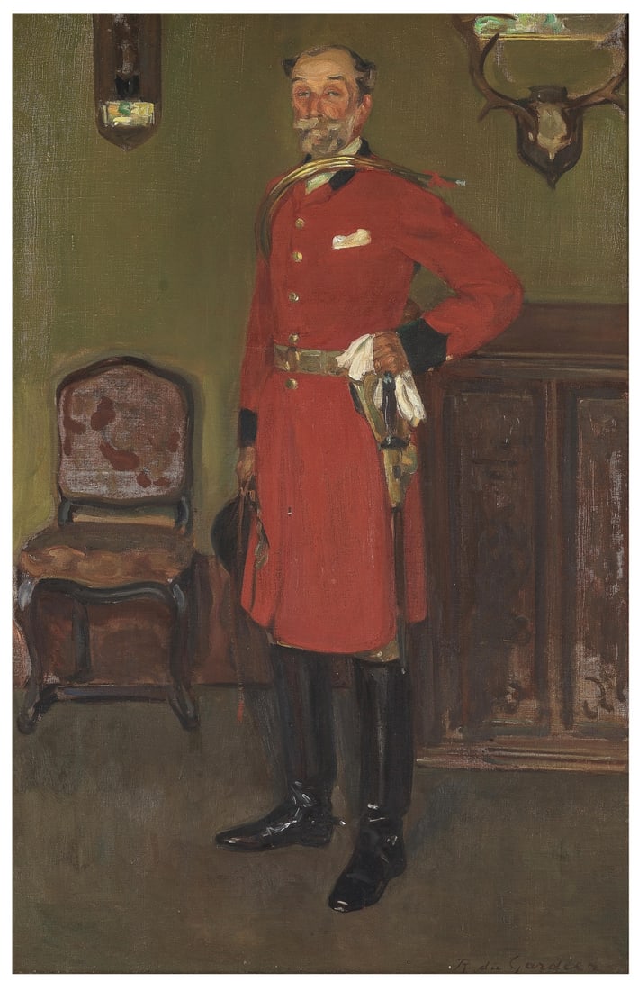 Raoul Du Gardier (Wiesbaden 1871-1952 Pornic) Portrait d'un sonneur de trompe de chasse: Raoul Du Gardier (Wiesbaden 1871-1952 Pornic) Portrait d'un sonneur de trompe de chasse signé 'R du Gardier' (en bas à droite) huile sur toile signed 'R du Gardier' (lower right) oil on canv