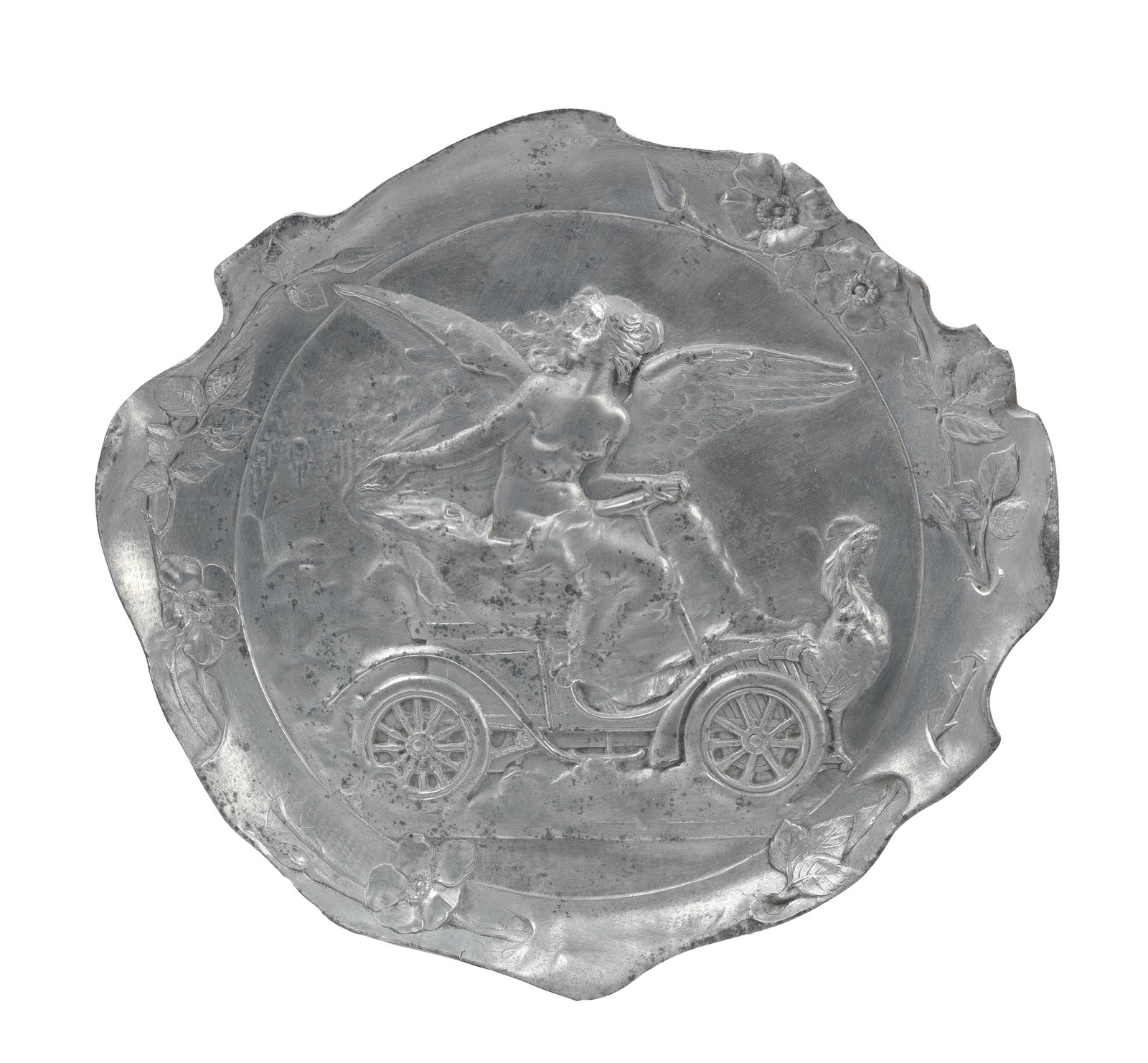 A Veteran motoring tray with design after Jacques Callot decorative tray, French, Circa 1905,: A Veteran motoring tray with design after Jacques Callot decorative tray, French, Circa 1905, moulded alloy construction, bearing artist's signature, 42 x 39cm. Lot to be sold without reserve.