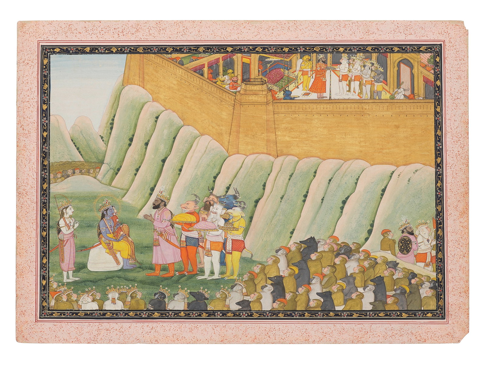 A scene from a Ramayana series (the 'Second' Guler Ramayana), depicting Vibhishana, younger brot...: A scene from a Ramayana series (the 'Second' Guler Ramayana), depicting Vibhishana, younger brother of the demon king Ravana, together with a retinue of demons bearing gifts, in audience with Rama, th