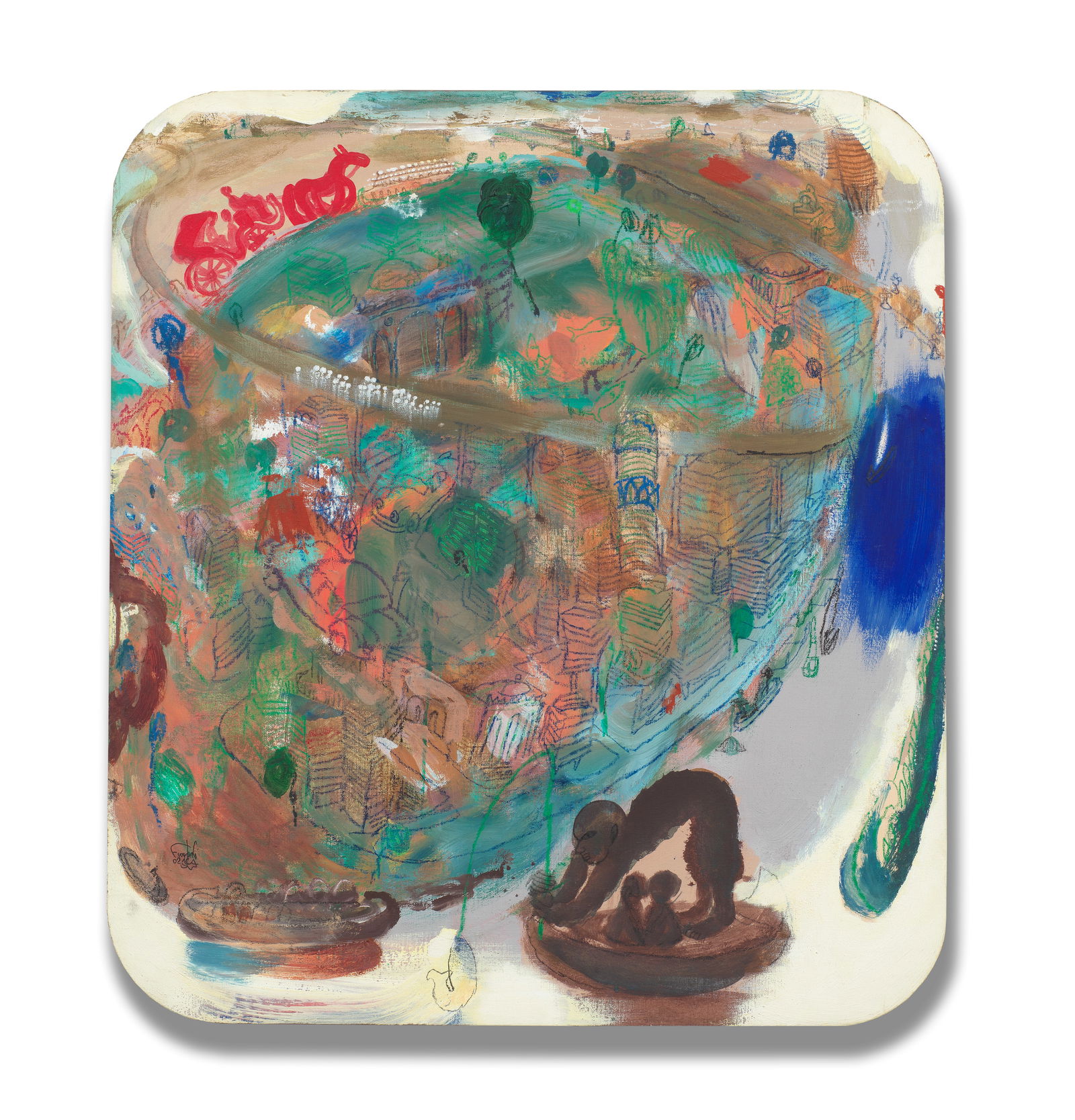 Farghali Abdel Hafiz (Egypt, born 1941) Along the Nile: Farghali Abdel Hafiz (Egypt, born 1941) Along the Nile mixed media on canvas laid on board signed 'Farghali' and dated '02' (lower left), executed in 2002 79.5 x 70cm (31 5/16 x 27 9/16in). Footnote