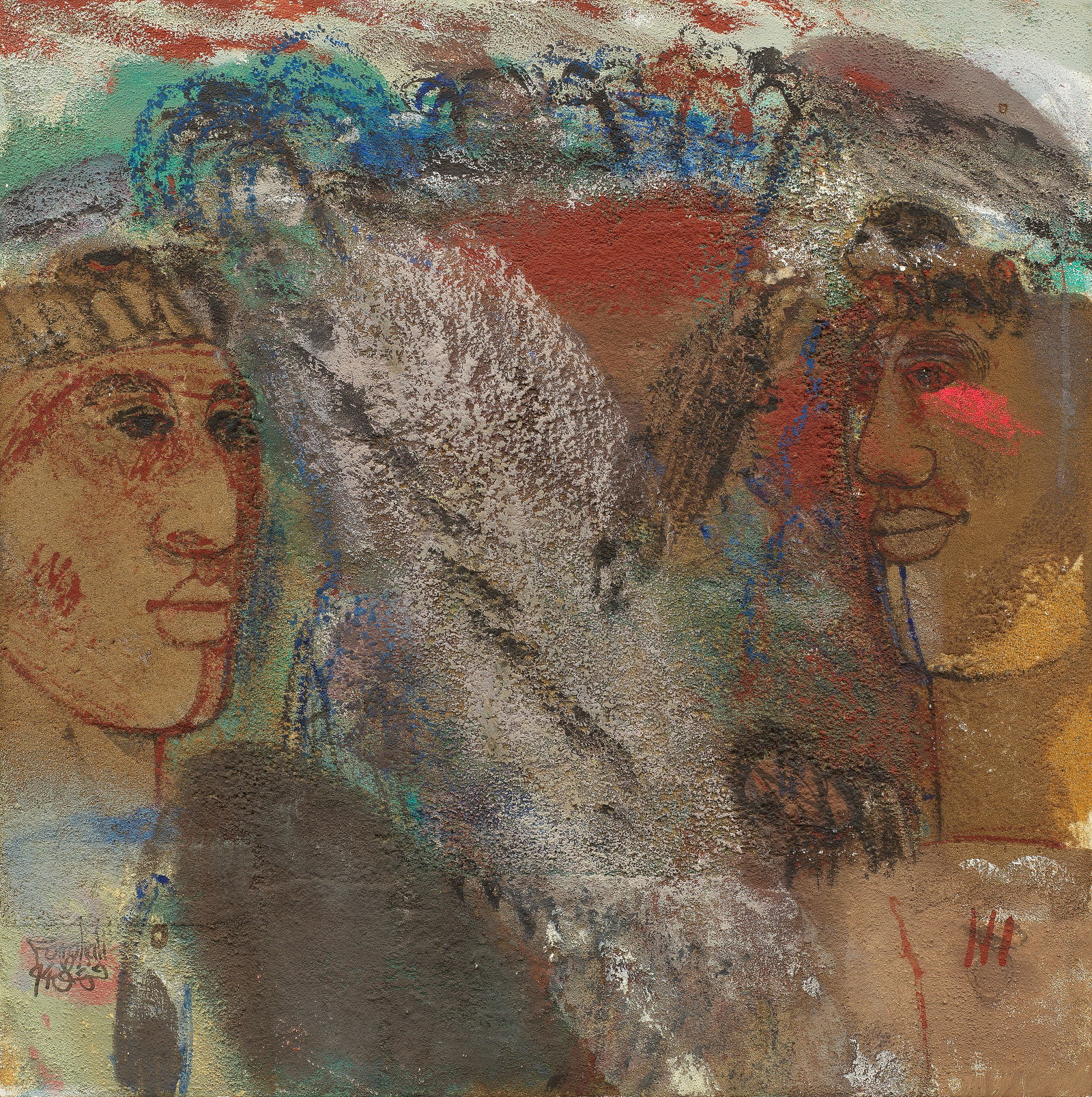 Farghali Abdel Hafiz (Egypt, born 1941) Anthony & Cleopatra: Farghali Abdel Hafiz (Egypt, born 1941) Anthony & Cleopatra mixed media on wood panel signed 'Farghali' in Arabic and English and dated '94' (lower left), executed in 1994 60 x 60cm (23 5/8 x 23 5/8in