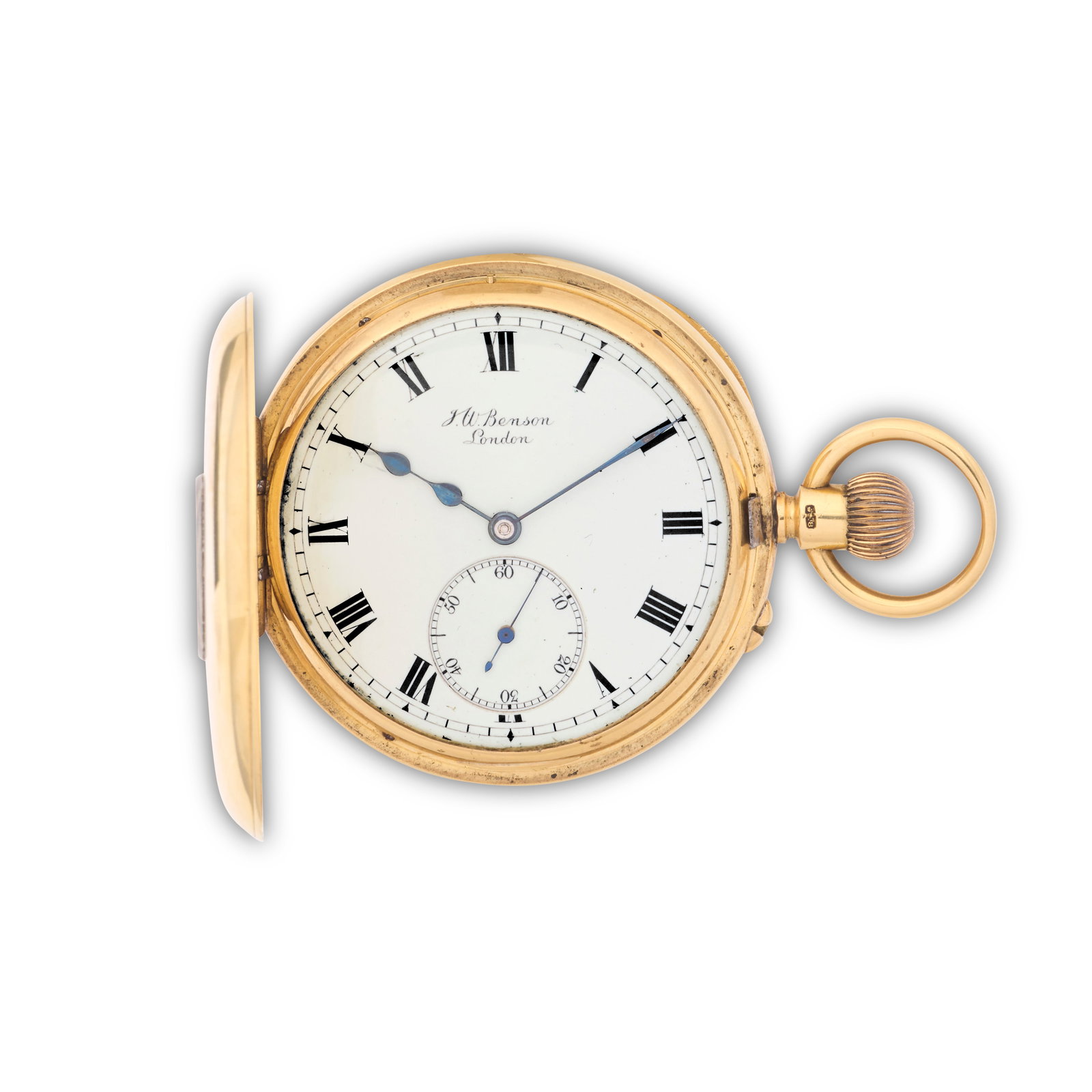 J.W. Benson, Ludgate Hill, London. An 18K gold keyless wind half hunter pocket watch London Hall...: J.W. Benson, Ludgate Hill, London. An 18K gold keyless wind half hunter pocket watch Date: London Hallmark for 1907 Movement: Gilt 3/4 plate English lever, cut and compensated bi-metallic balance, dia