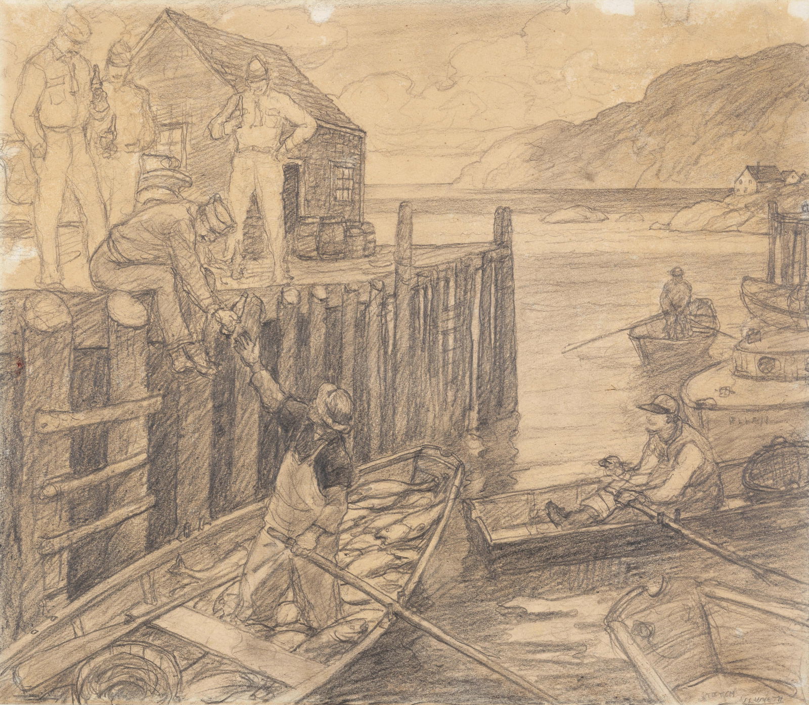 Newell Convers Wyeth (1882-1945) Have a 'Coke' = How are things goin'? 17 3/8 x 20 in. (44.1 x 5...: Newell Convers Wyeth (1882-1945) Have a 'Coke' = How are things goin'? inscribed and signed 'SKETCH / N.C. WYETH' (lower right) graphite on paper 17 3/8 x 20 in. (44.1 x 50.8 cm.) Executed in 1944. Fo