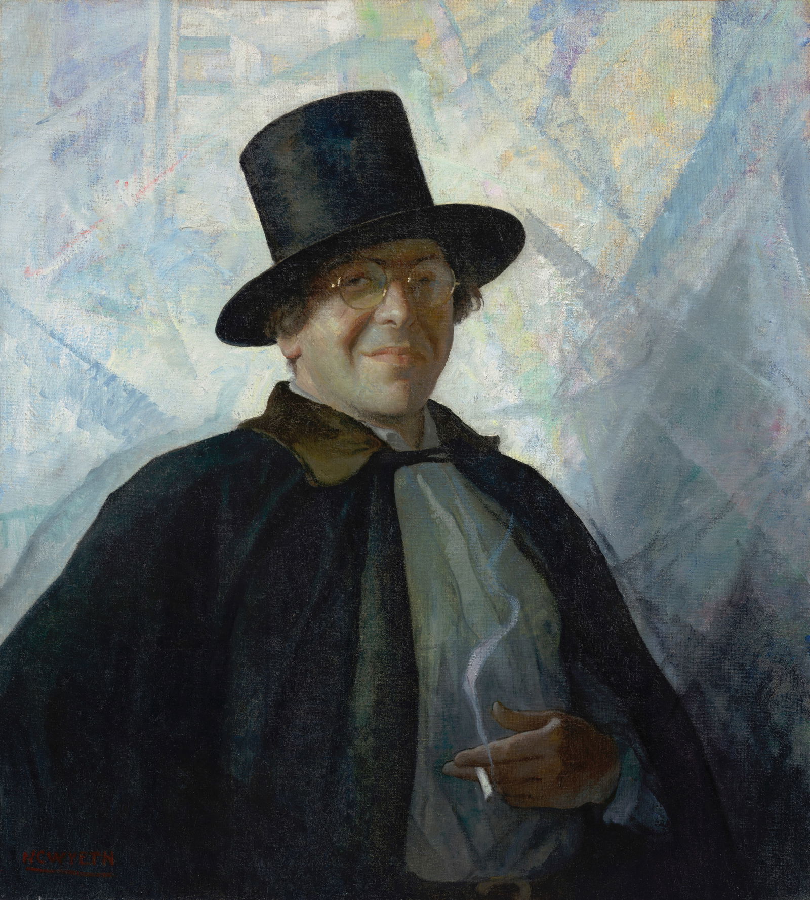 Newell Convers Wyeth (1882-1945) Self-portrait in Top Hat and Cape 40 1/2 x 36 1/2 in. (102.9 x ...: Newell Convers Wyeth (1882-1945) Self-portrait in Top Hat and Cape signed 'N.C. WYETH' (lower left) oil on canvas 40 1/2 x 36 1/2 in. (102.9 x 92.7 cm.) Painted circa 1927. Footnotes: Proven