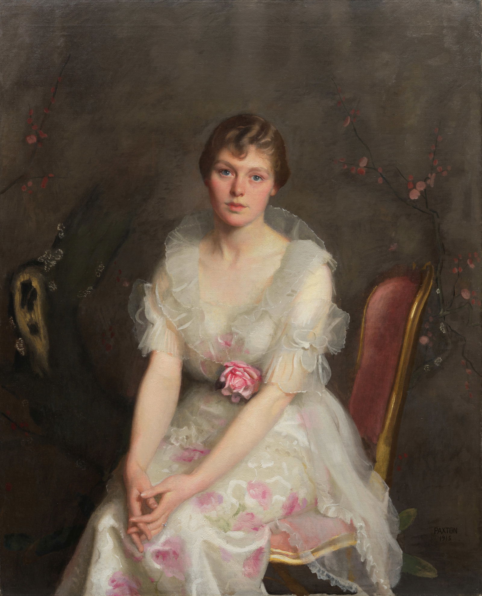 William McGregor Paxton (1869-1941) Portrait of Louise Converse (Mrs. Junius S. Morgan III) 52 3...: William McGregor Paxton (1869-1941) Portrait of Louise Converse (Mrs. Junius S. Morgan III) signed and dated 'PAXTON / 1915' (lower right) oil on canvas 52 3/4 x 42 3/4 in. (134 x 108.6 cm.) Painted i