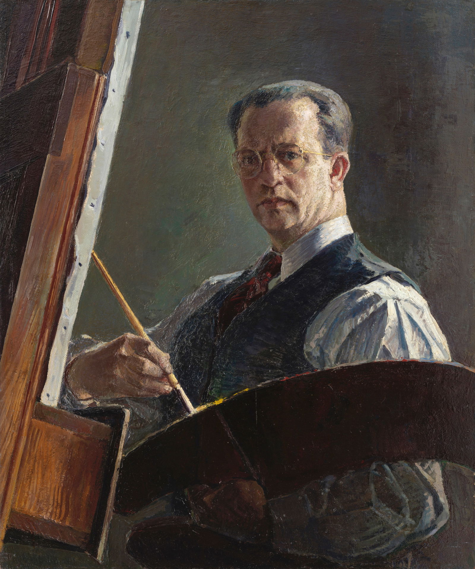 Abraham Jacob Bogdanove (1887-1946) Self Portrait 36 1/8 x 30 in. (91.8 x 76.2 cm.): Abraham Jacob Bogdanove (1887-1946) Self Portrait estate stamped (on the reverse) oil on Masonite 36 1/8 x 30 in. (91.8 x 76.2 cm.) Footnotes: Provenance Spanierman Gallery, LLC, New York. Sale