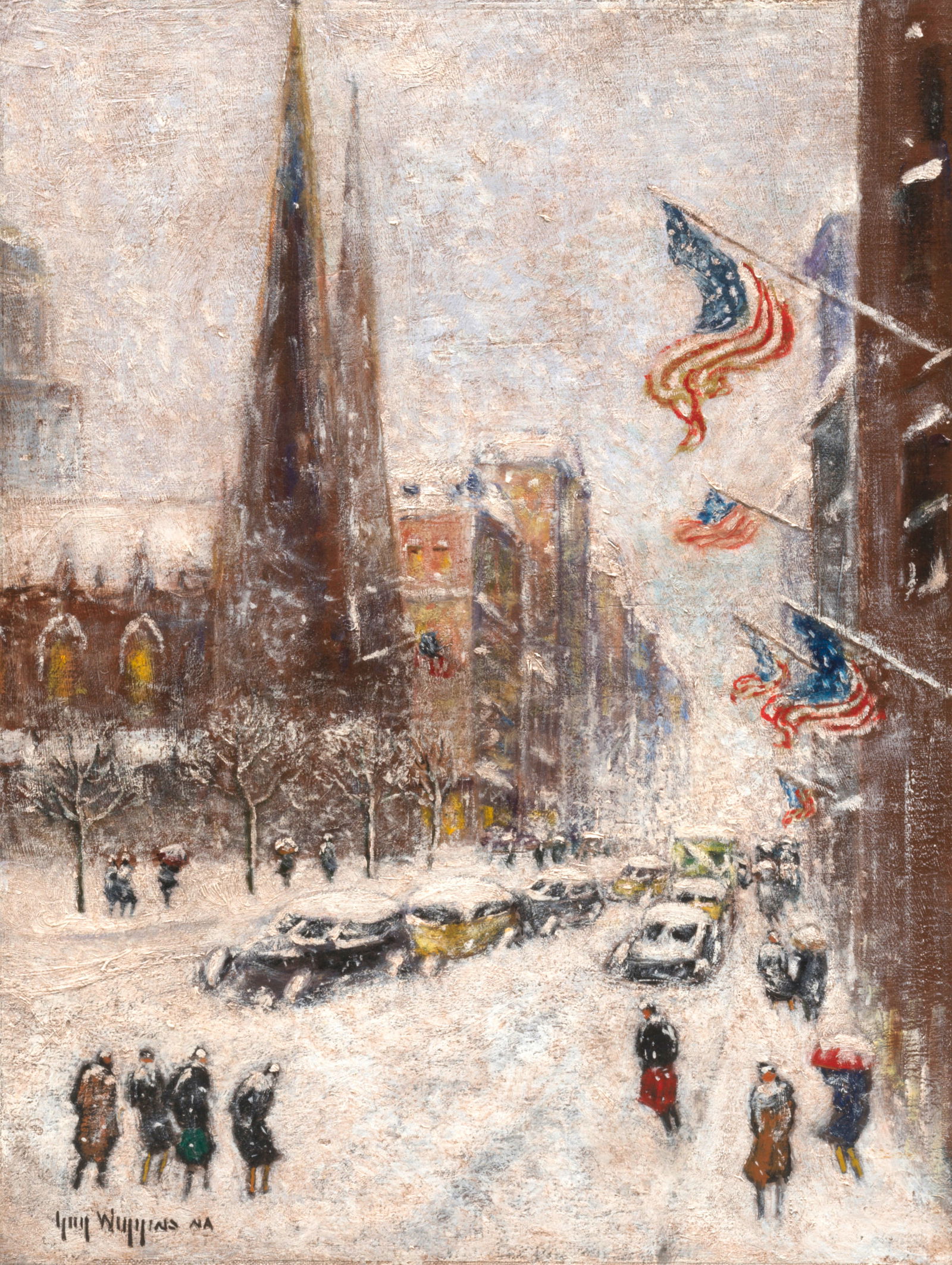Guy Carleton Wiggins (1883-1962) Midtown in Winter, NYC 16 x 12 in. (40.6 x 30.5 cm.): Guy Carleton Wiggins (1883-1962) Midtown in Winter, NYC signed 'Guy Wiggins NA' (lower left) and inscribed with title and signed again (on the reverse) oil on canvasboard 16 x 12 in. (40.6 x 30.5 cm.)