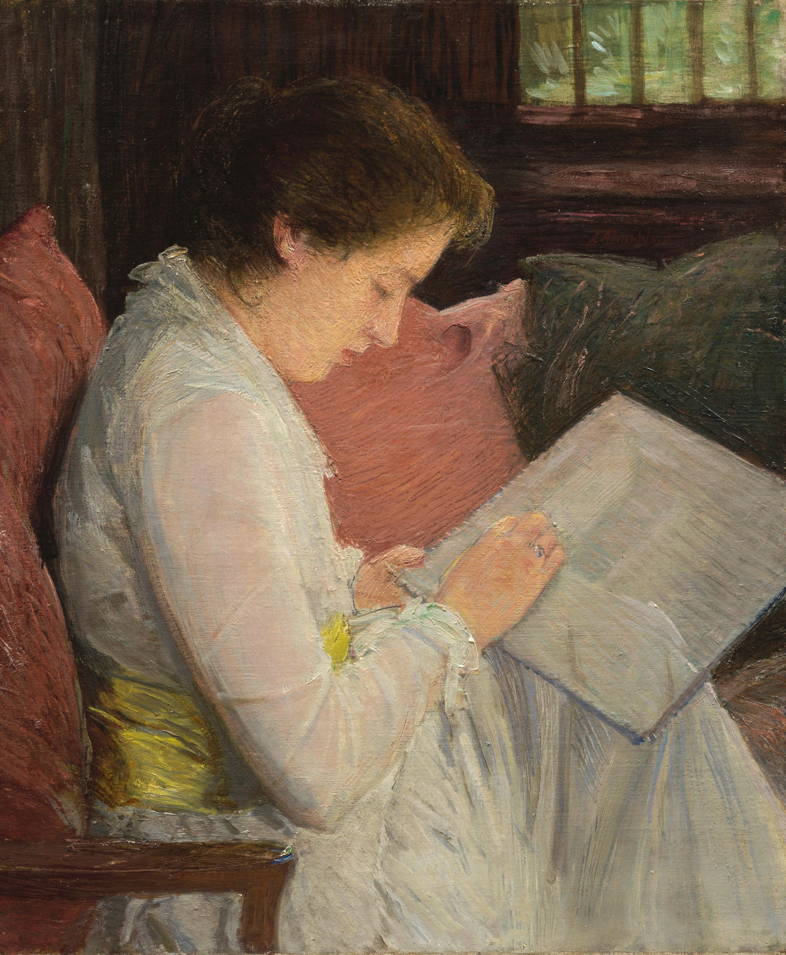 Julian Alden Weir (1852-1919) The Lace Maker 30 3/8 x 25 3/8 in. (77.2 x 64.5 cm.) (Painted in 1...: Julian Alden Weir (1852-1919) The Lace Maker signed 'J. Alden Weir' (upper right) oil on canvas 30 3/8 x 25 3/8 in. (77.2 x 64.5 cm.) Painted in 1915. Footnotes: Provenance Paul Schulze, by 1921.<