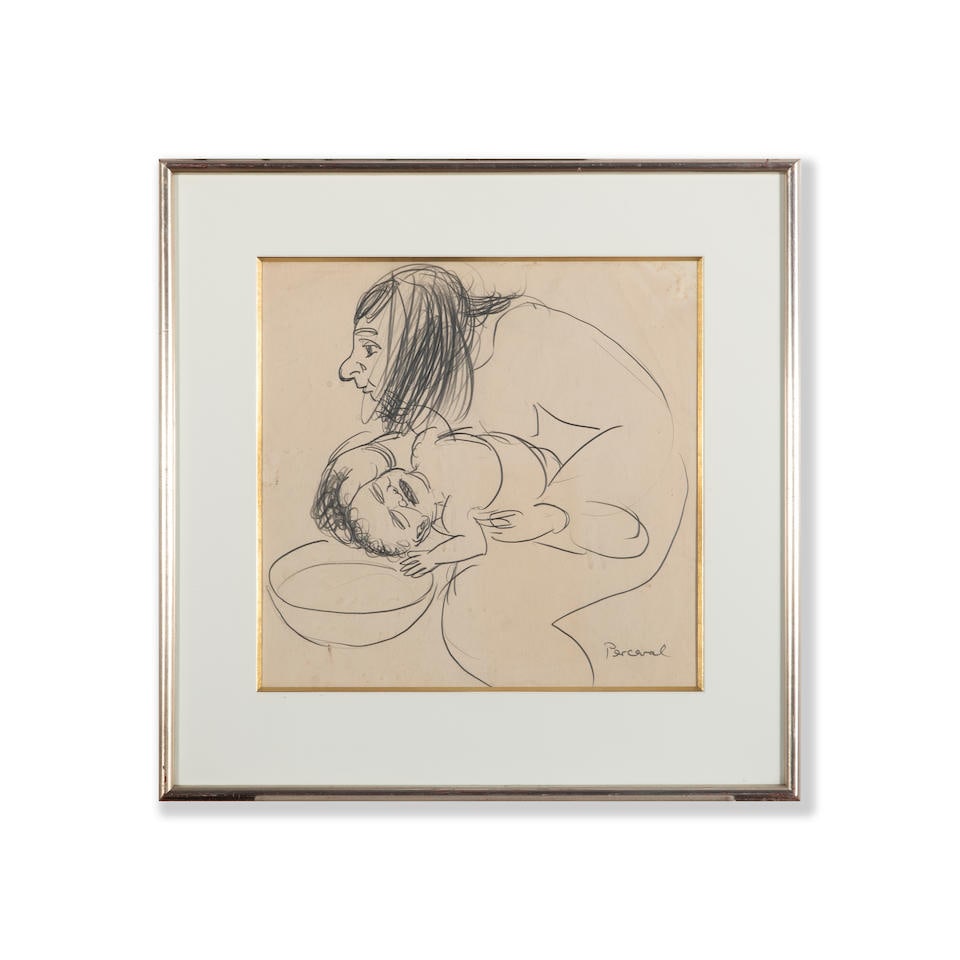 John Perceval (1923-2000) Mary Washing Winkie's Hair, c.1943: John Perceval (1923-2000) Mary Washing Winkie's Hair, c.1943 signed lower right: 'Perceval' pencil on paper 36.0 x 36.0cm (14 3/16 x 14 3/16in). Footnotes: PROVENANCE Australian Galleries, Melbourne (