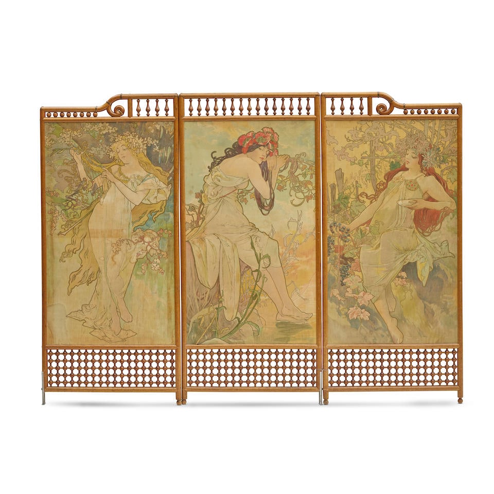 AN ART NOUVEAU STYLE PRINTED FABRIC AND WALNUT THREE-PANEL SCREEN OF THE FOUR SEASONSAfter the c...: AN ART NOUVEAU STYLE PRINTED FABRIC AND WALNUT THREE-PANEL SCREEN OF THE FOUR SEASONS After the compositions by Alphonse Mucha height 49in (124.5cm); width of each panel 22in (55.9cm); width extended
