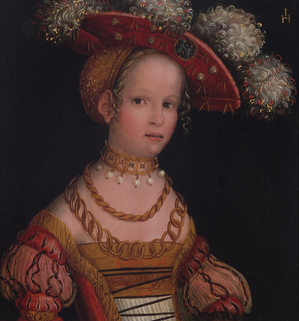 Lucas Cranach the Younger (Wittenberg 1515-1586 Weimar) Portrait of a young girl 14 x 13in (35.6...: Lucas Cranach the Younger (Wittenberg 1515-1586 Weimar) Portrait of a young girl Circle of Lucas Cranach the Younger (Wittenberg 1515-1586 Weimar). with monogram 'IH' (upper right) oil on panel 14 x 1